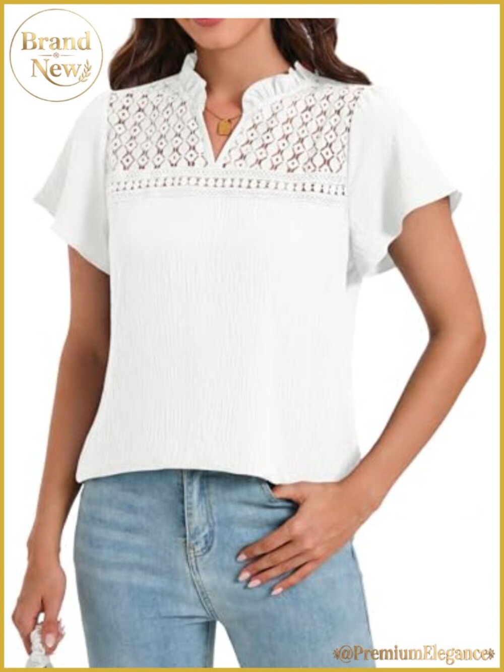 Ruffle Short Sleeve V Neck Eyelet Lace Blouse Dressy Casual Work Top